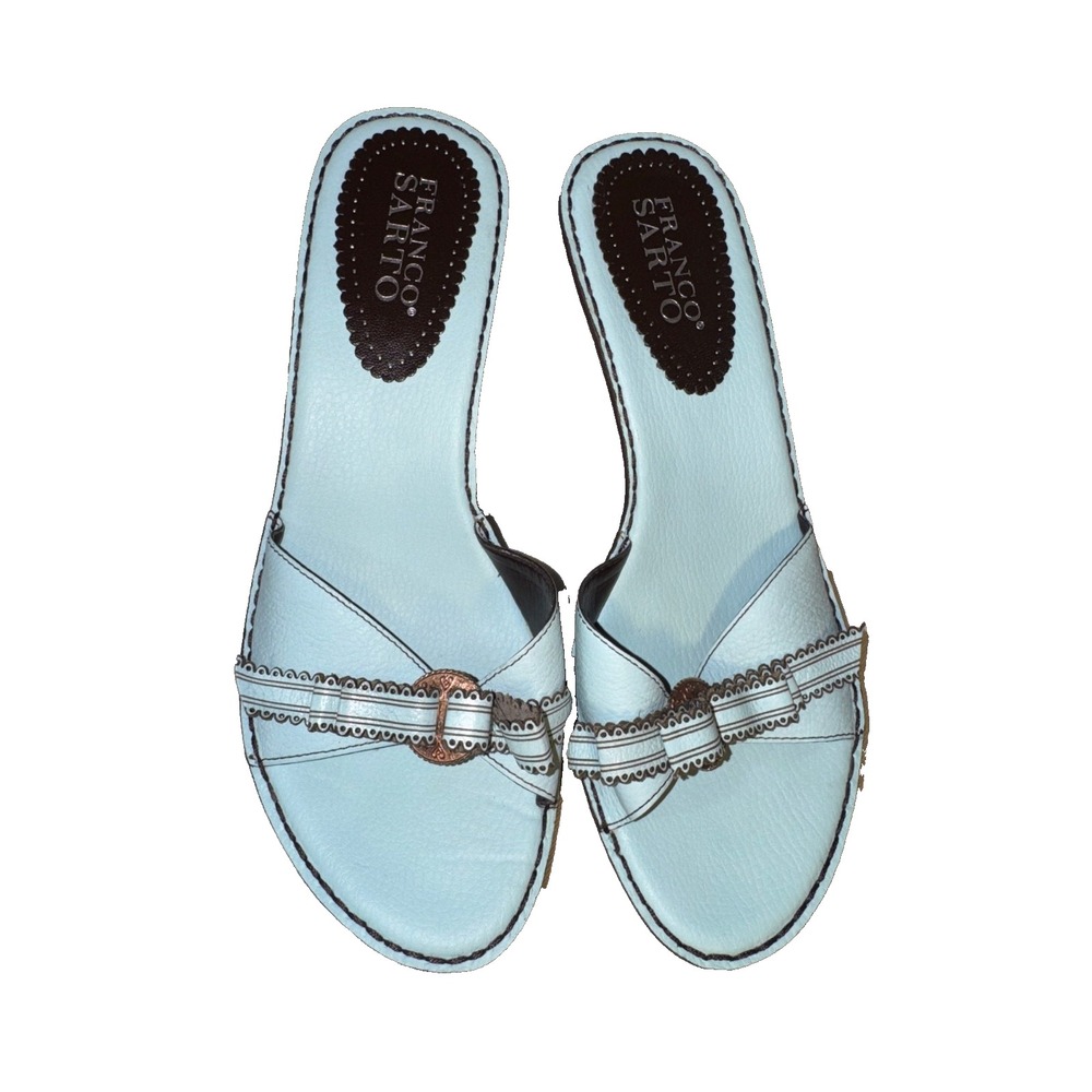 Franco Sarto light blue slip on sandals kitten heels bows sz 7.5 cottage core